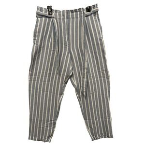 LOFT Blue White Striped Linen Blend Paperbag Waist Tapered Pants NWT Large